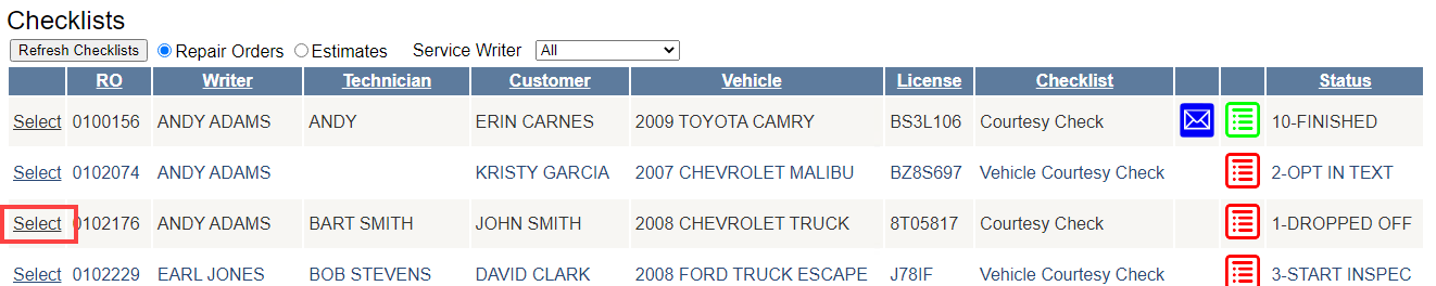The checklist window with Select circled.