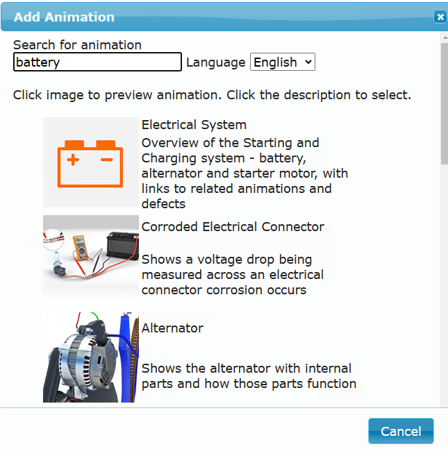 The search results in the add animation window in DVI command.