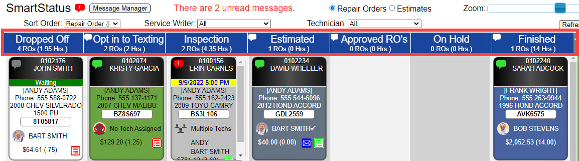 SmartStatus window with the columns and steps visible
