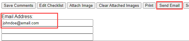 checklists window toolbar with Send Email button and email address field highlighted.