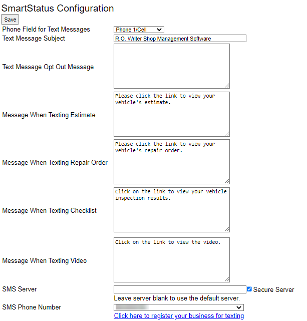 The texting configuration settings.
