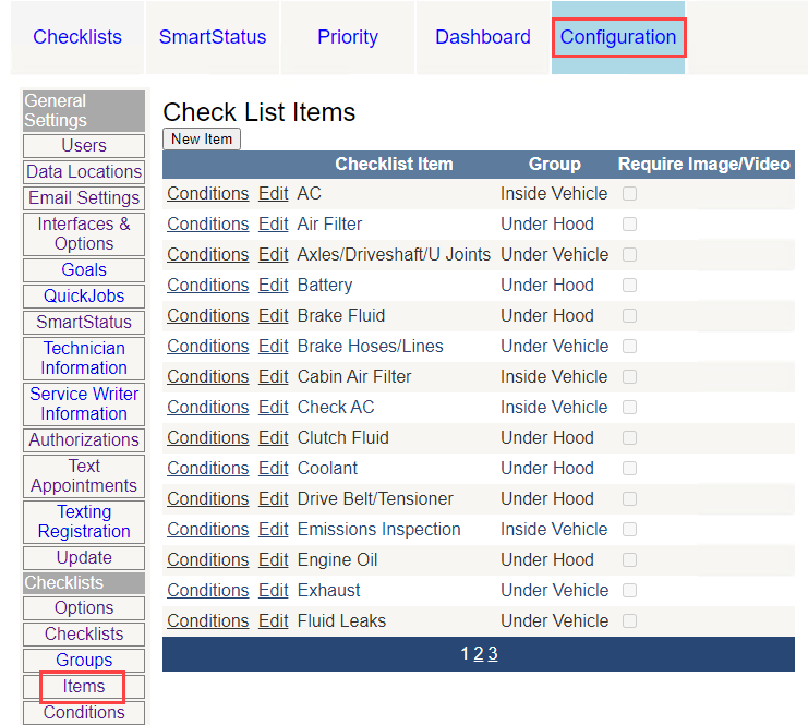 the checklist items window with the configuration and items links highlighted