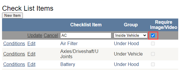 the checklist items window with the require image/video setting highlighted