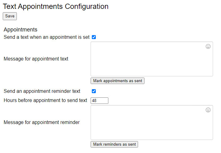 the text appointments configuration window