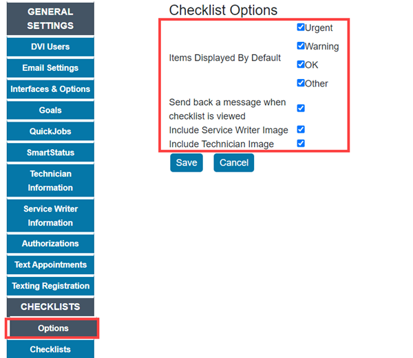 DVI Checklist Options