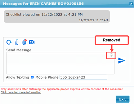 Message window indicating the emoji button being removed.