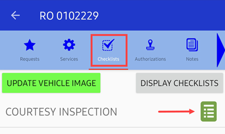 checklists screen in DVI mobile app.
