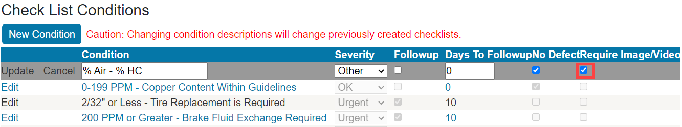 the checklist conditions window with the require image/video setting highlighted