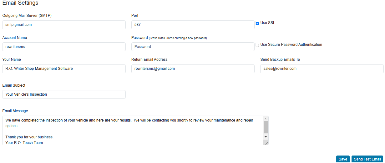 Email settings window in DVI Command