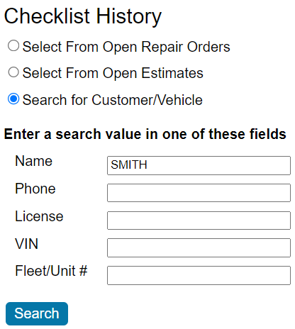 The Search by Customer/Vehicle section.