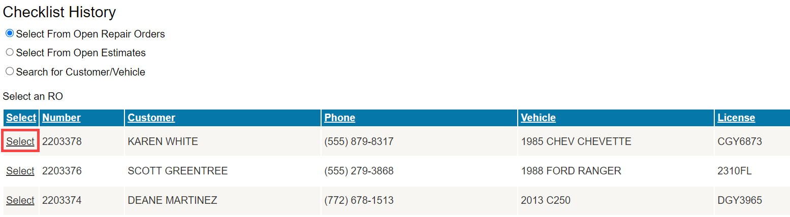 The list of open repair orders.