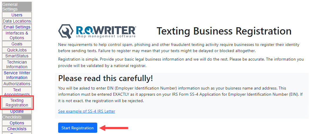 The Texting Business Registration window