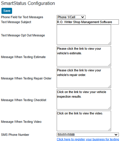 The texting configuration settings.
