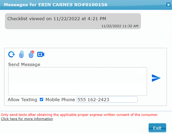 the messaging window with a message from the customer