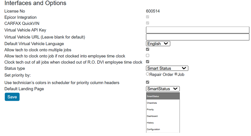 default landing page option
