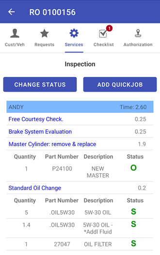 part information in services screen