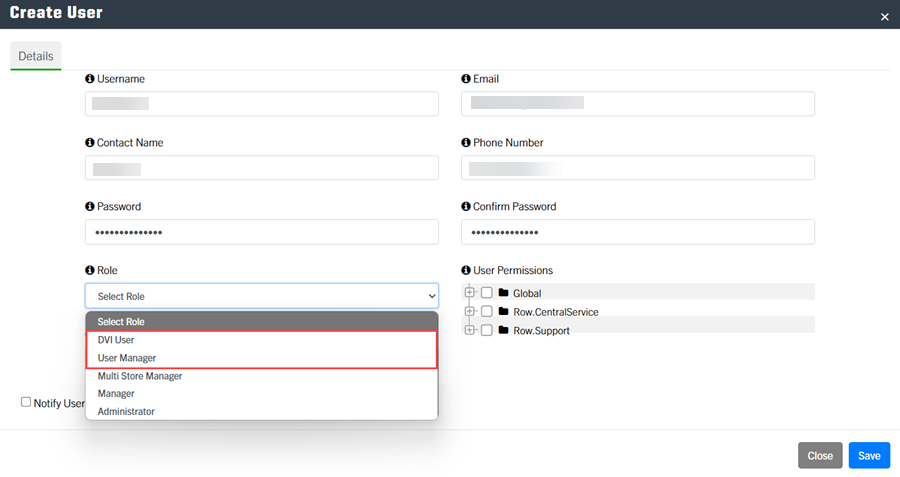 role selection in create user section