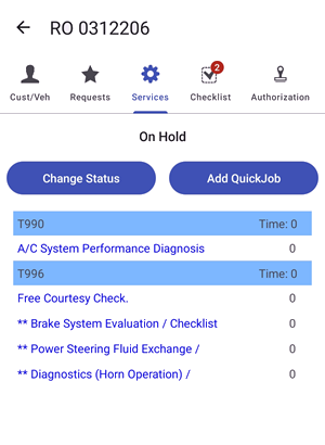 part information in services screen