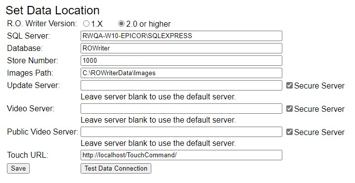 Set Data Location window with settings configured for R.O. Writer Version 2 or higher