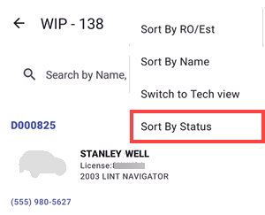 Sort by status in WIP ROs