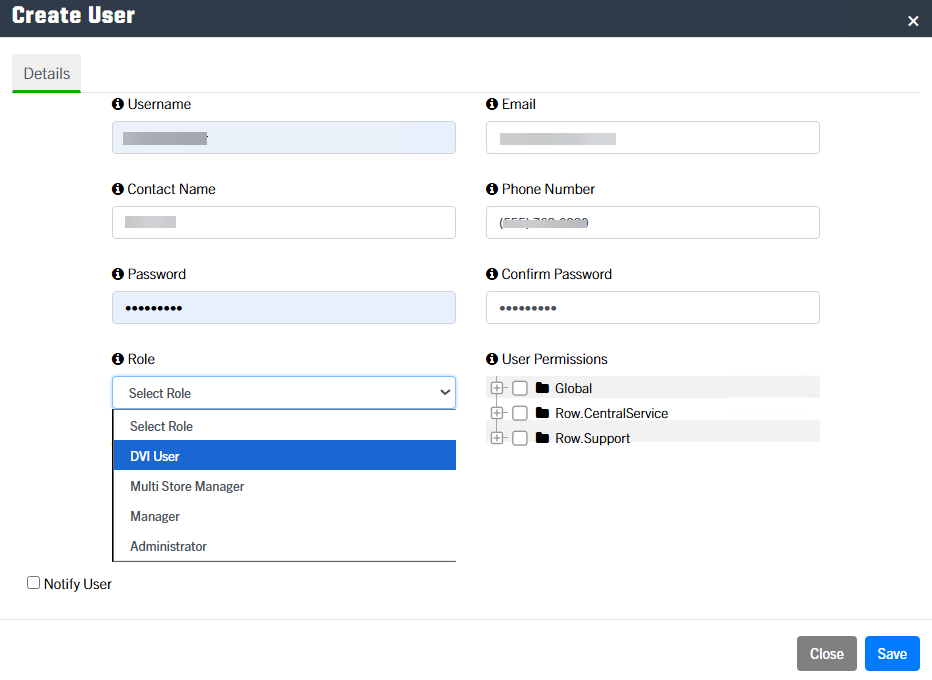 Role dropdown in Create User window